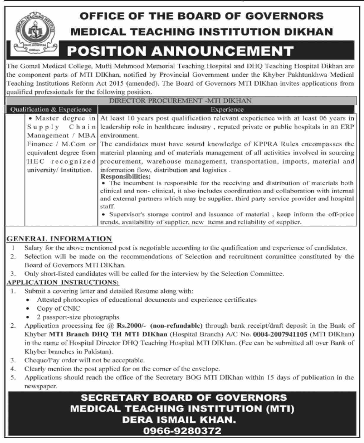Jobs in Medical Teaching Institute D.I.Khan